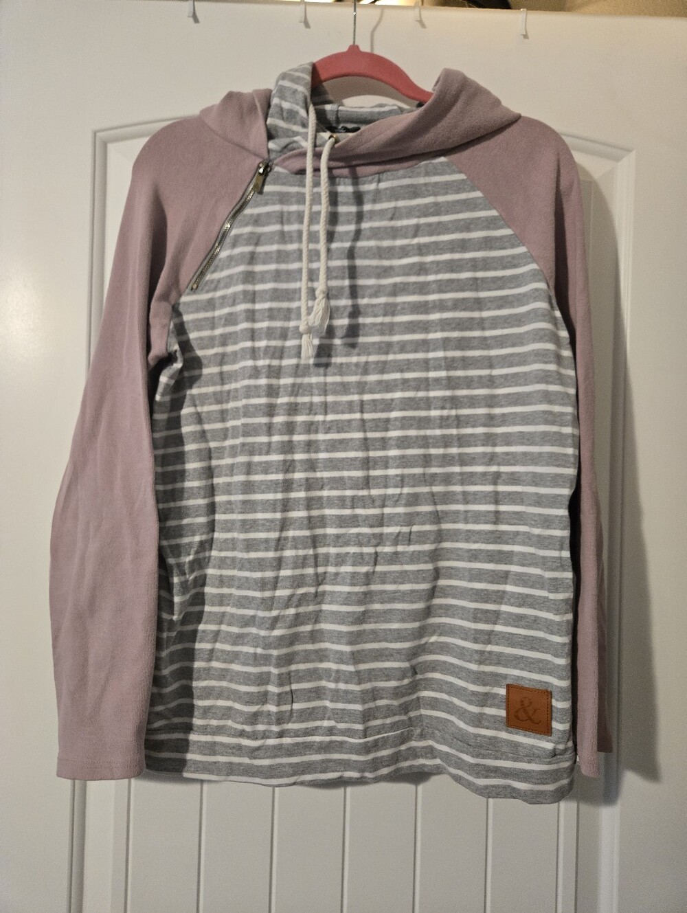 Ampersand Striped Gray & Dusty Pink Hooded Sweater